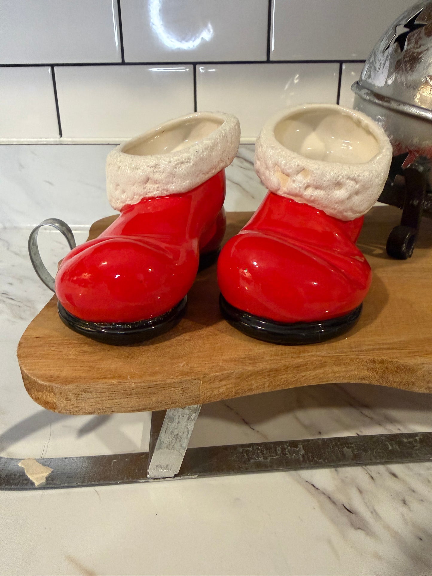 Vintage Santa Boot Candle Holders — Pair — Red with White Trim & Black Soles