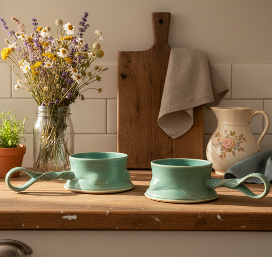 Set of 2 Handmade Teal Ceramic Bowls with Twisted Handles | Artisan Wheel-Thrown Stoneware