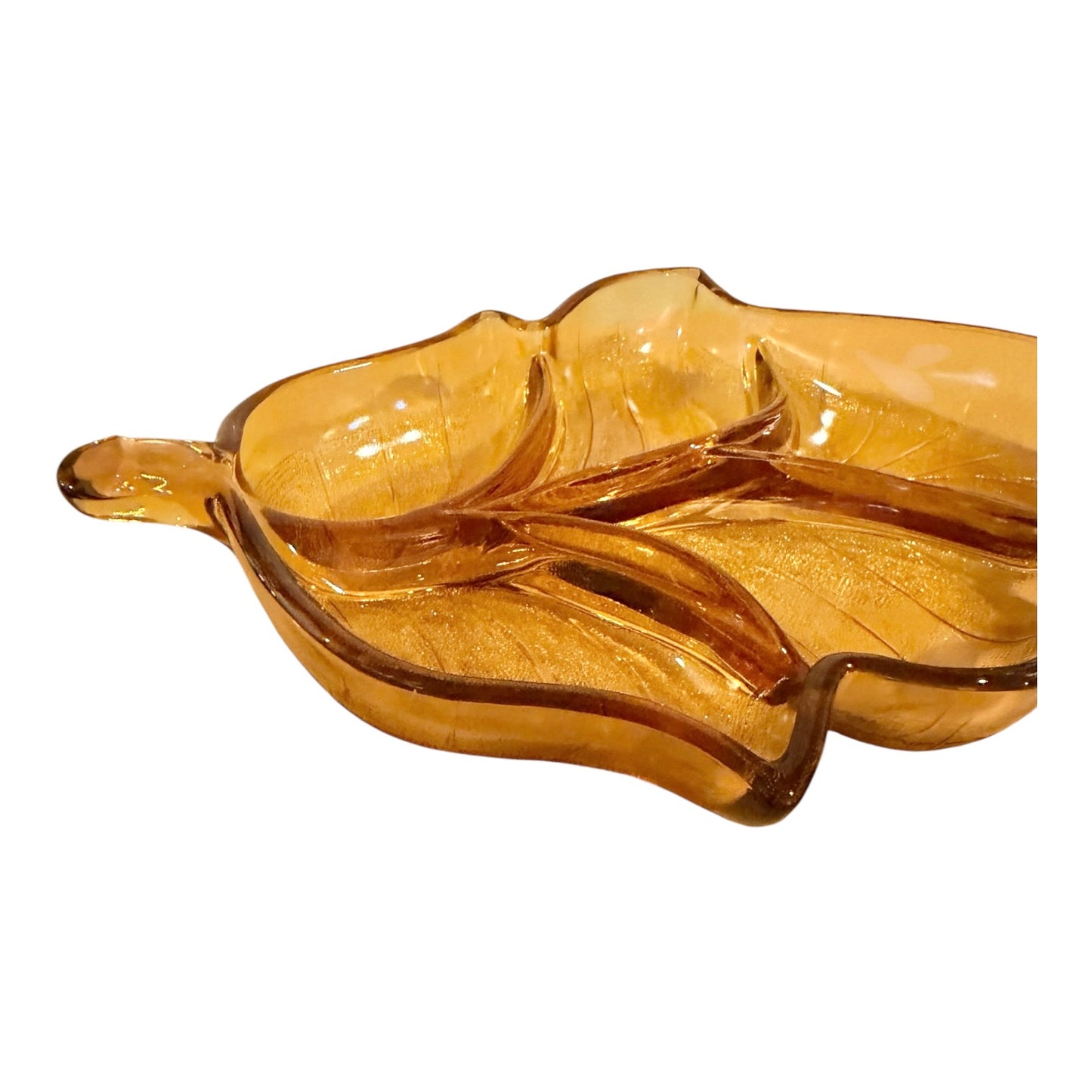Viking Glass Vintage Divided Leaf Tray | Golden Amber Mid-Century Modern Serving Dish