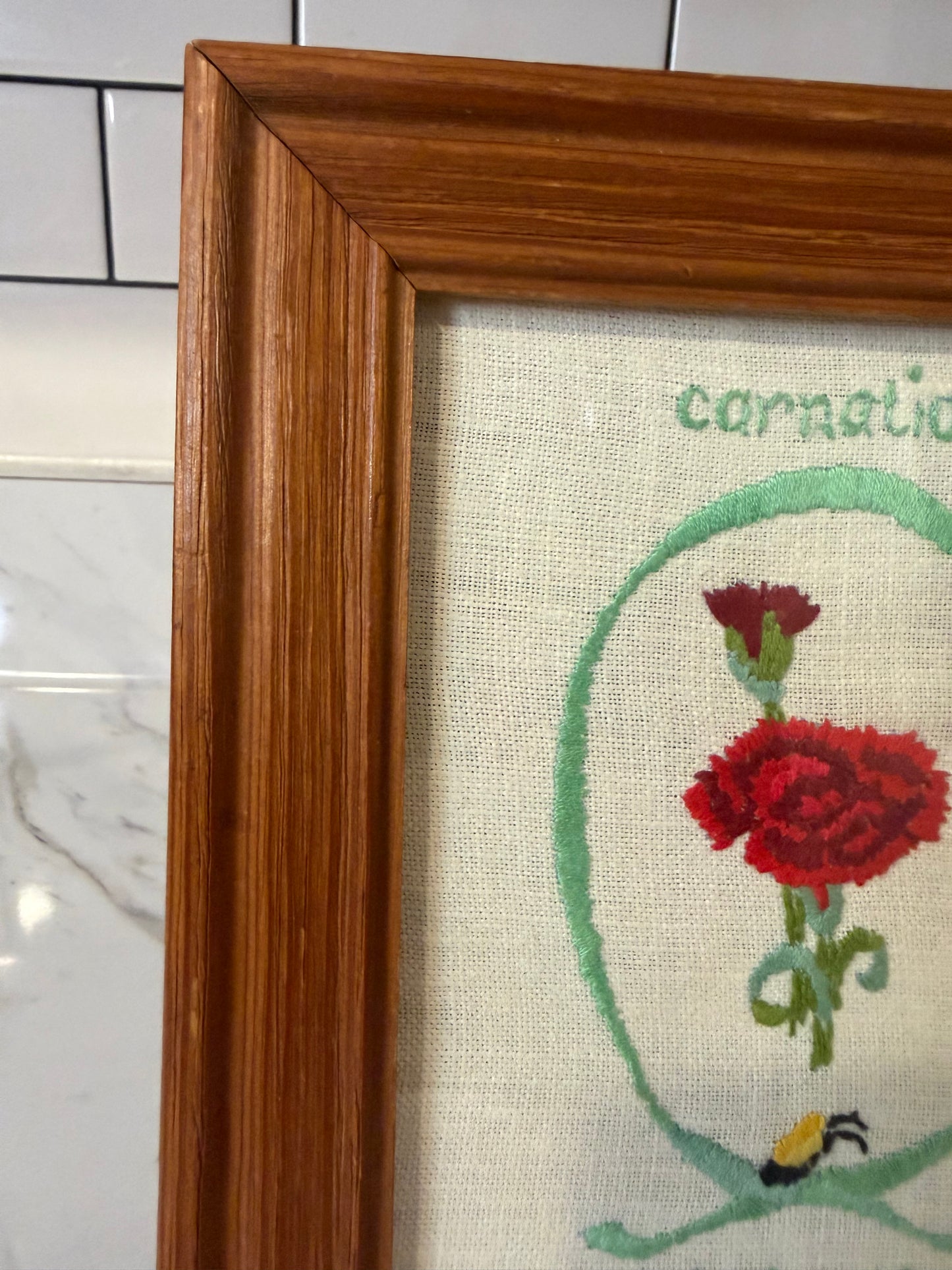 Framed Vintage Paragon Needle Craft “Carnation” Embroidery – Julie Nixon Eisenhower Collection (1975)