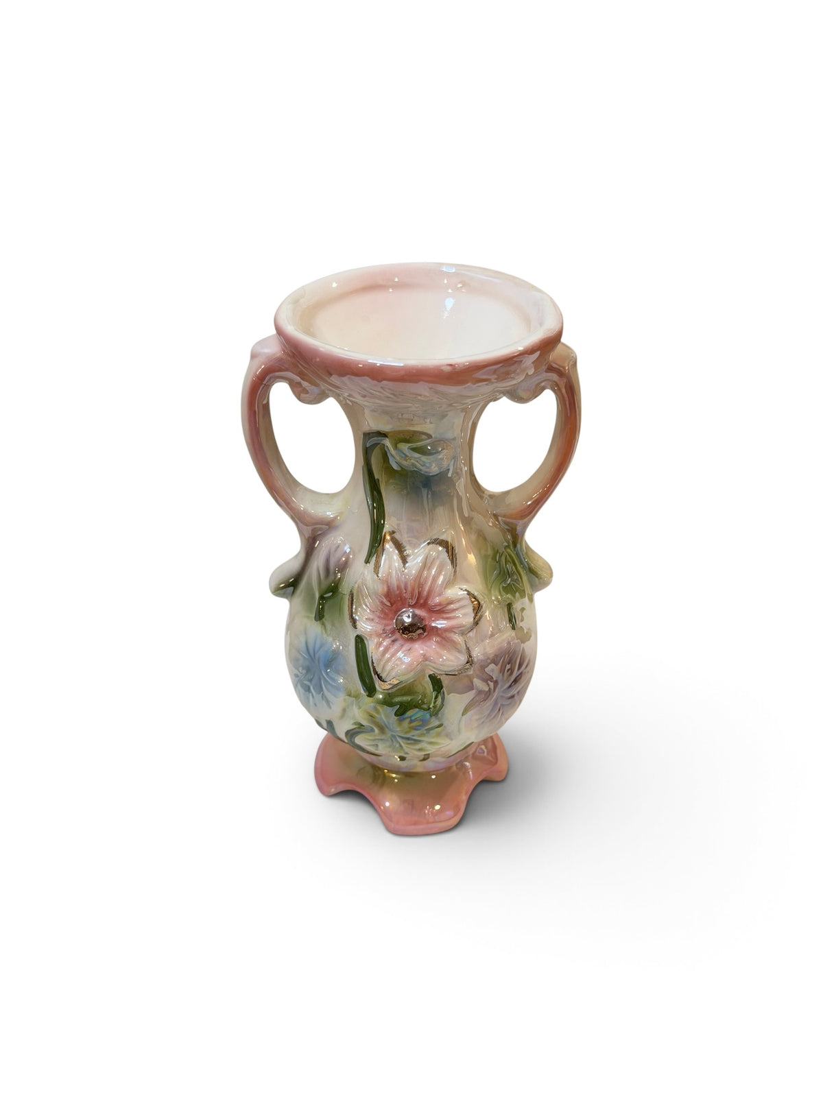 Vintage Brazilian Iridescent Lusterware Floral Pottery Set – Bud Vase & Planter