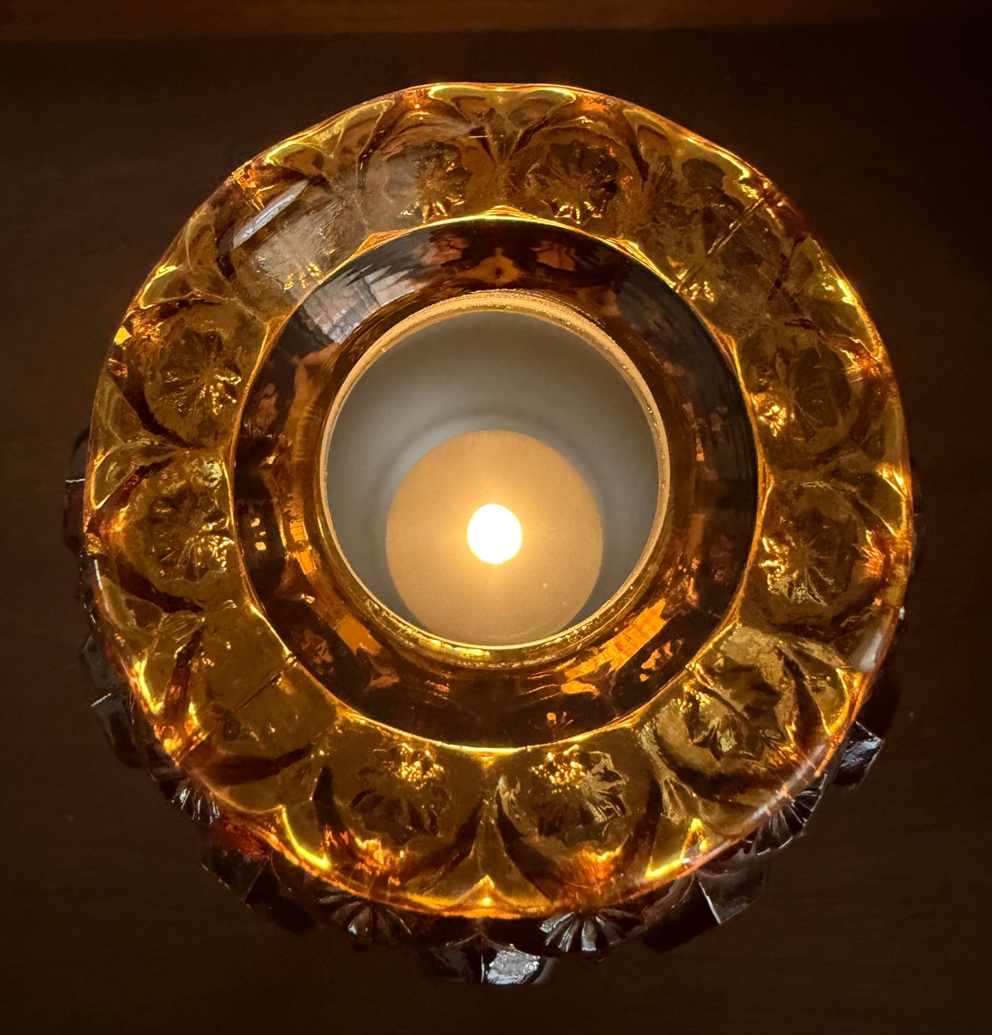 AVAILABLE - Vintage Moon & Stars Fairy Lamp – Amber Glass Dome with Frosted Base | L.E. Smith