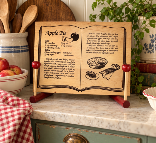 Wooden Cookbook Stand & Recipe Holder – Apple Pie Design – Vintage Kitchen Décor