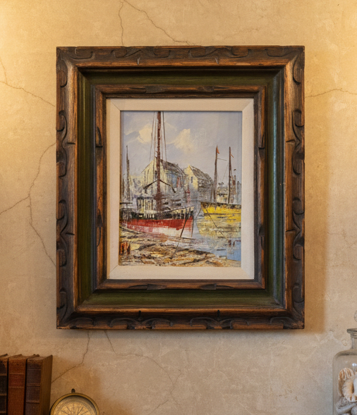 Vintage Original Mary Botto Oil Painting – Nautical Harbor Scene, Signed, Framed 18¼×15¾