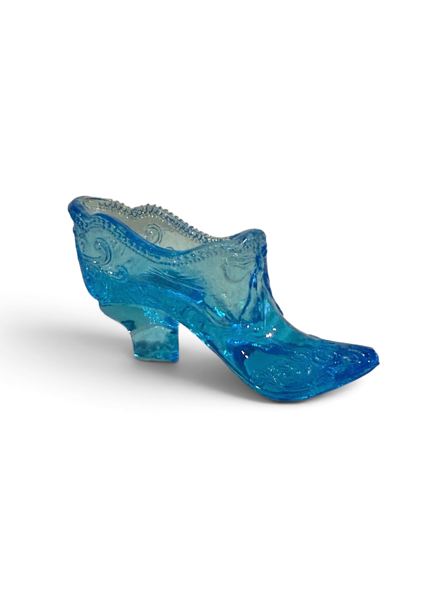 Mosser Glass #109 Scroll & Bow Vintage Slipper – Aqua Blue Victorian Shoe – 4.5”