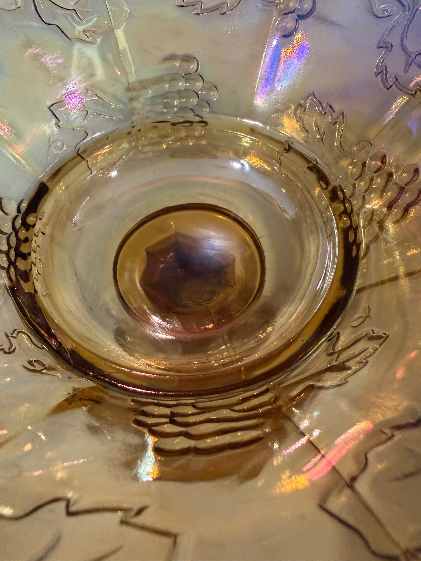 Vintage Indiana Glass Harvest Grape Amber Marigold Carnival Glass Pedestal Bowl