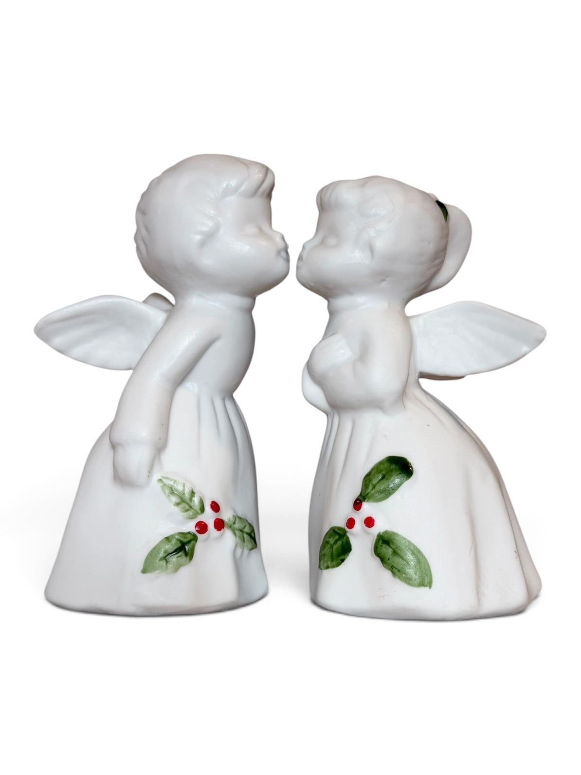 Enesco Kissing Angel Figurines – Set of 2 Vintage Bisque Porcelain Christmas Angels - 3.25”