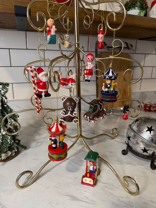 Set of 14 Vintage Hand-Painted Wooden Christmas Ornaments – 1970s Nostalgic Décor, Made in Taiwan