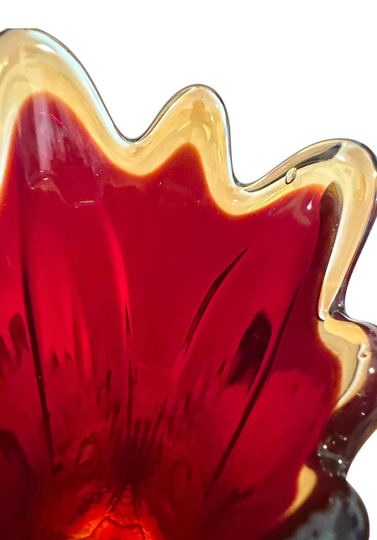 Indiana Glass Vintage Sunburst Amberina Swung Vase – 11” Red & Amber Glass