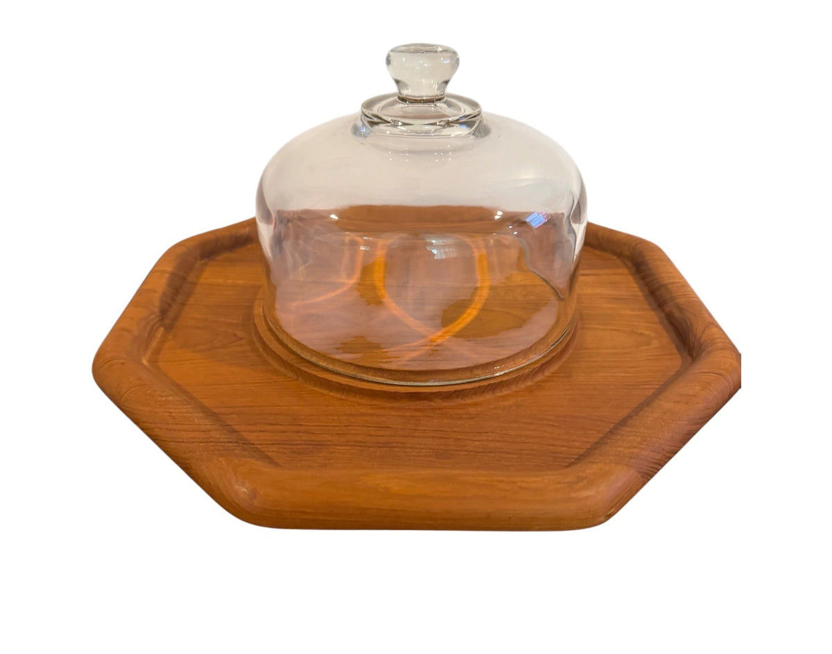 Vintage Mid-Century Modern Teak Cheese Board with Glass Cloche – 1970s Serveware