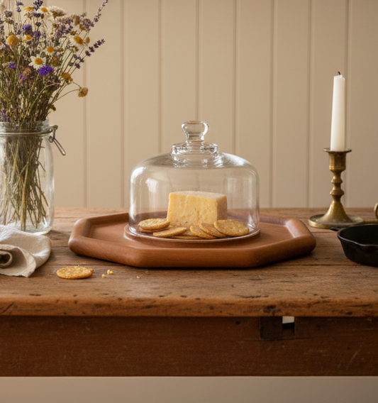 Vintage Mid-Century Modern Teak Cheese Board with Glass Cloche – 1970s Serveware