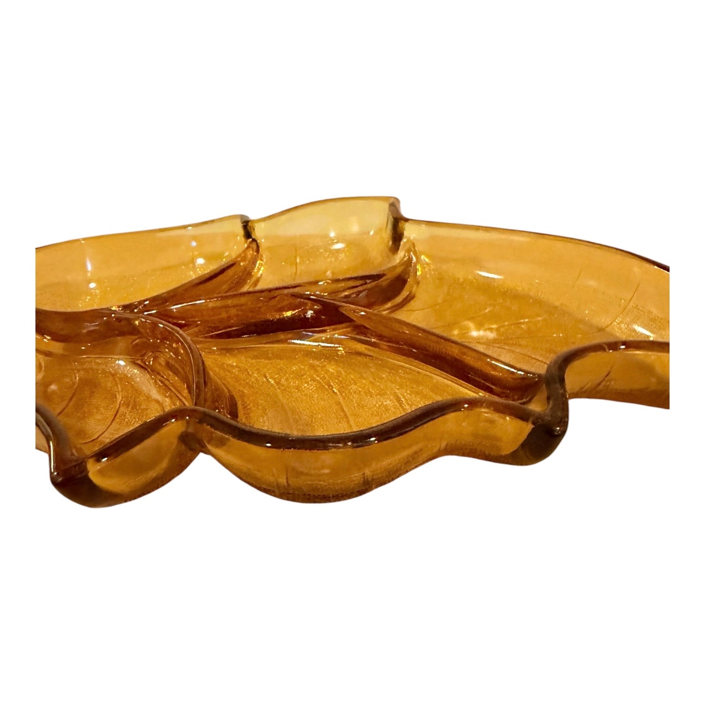 Viking Glass Vintage Divided Leaf Tray | Golden Amber Mid-Century Modern Serving Dish