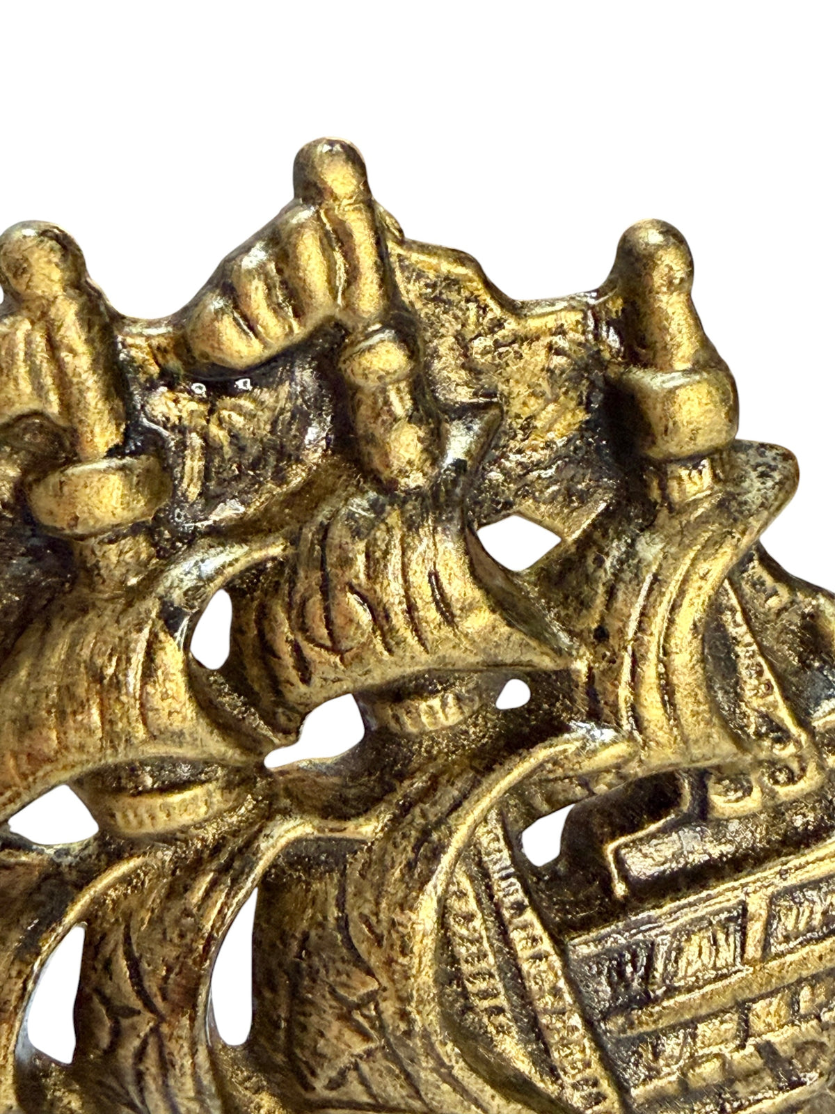 Pair - Vintage Cast Iron Sailing Ship Bookends – Brass Gold Finish – Set of 2