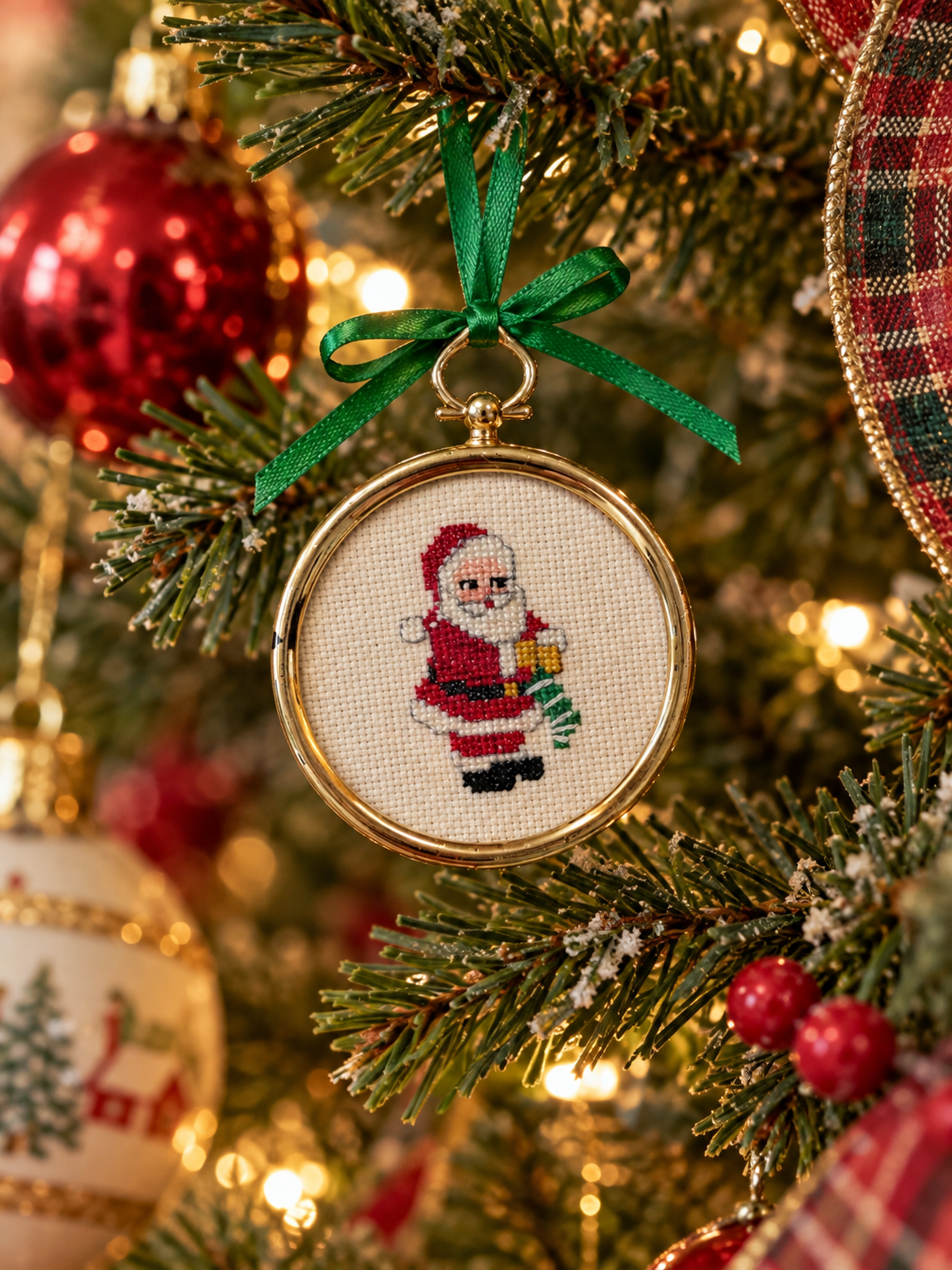 Handmade Vintage Santa Claus Cross-Stitch Christmas Ornament – Gold Frame, 3”