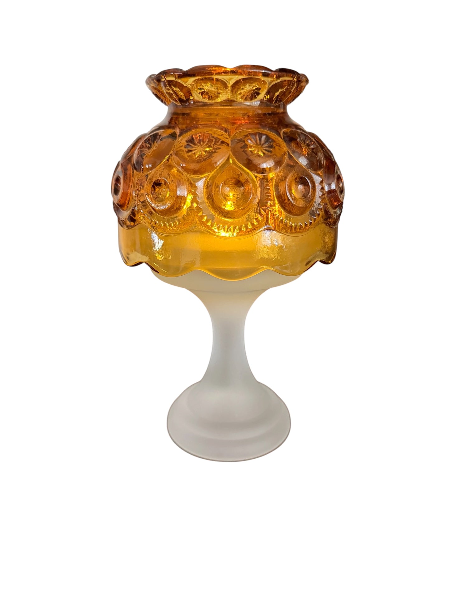 AVAILABLE - Vintage Moon & Stars Fairy Lamp – Amber Glass Dome with Frosted Base | L.E. Smith