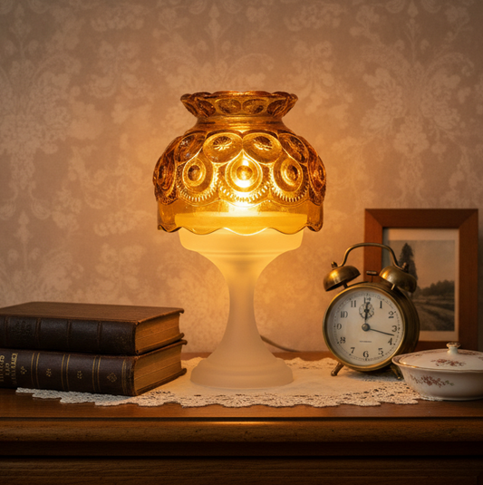 AVAILABLE - Vintage Moon & Stars Fairy Lamp – Amber Glass Dome with Frosted Base | L.E. Smith