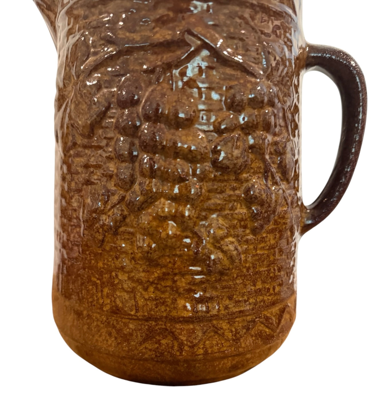 Antique Brown Stoneware Pitcher | Grape & Trellis Relief Pattern | Circa 1890s–Early 1900s
