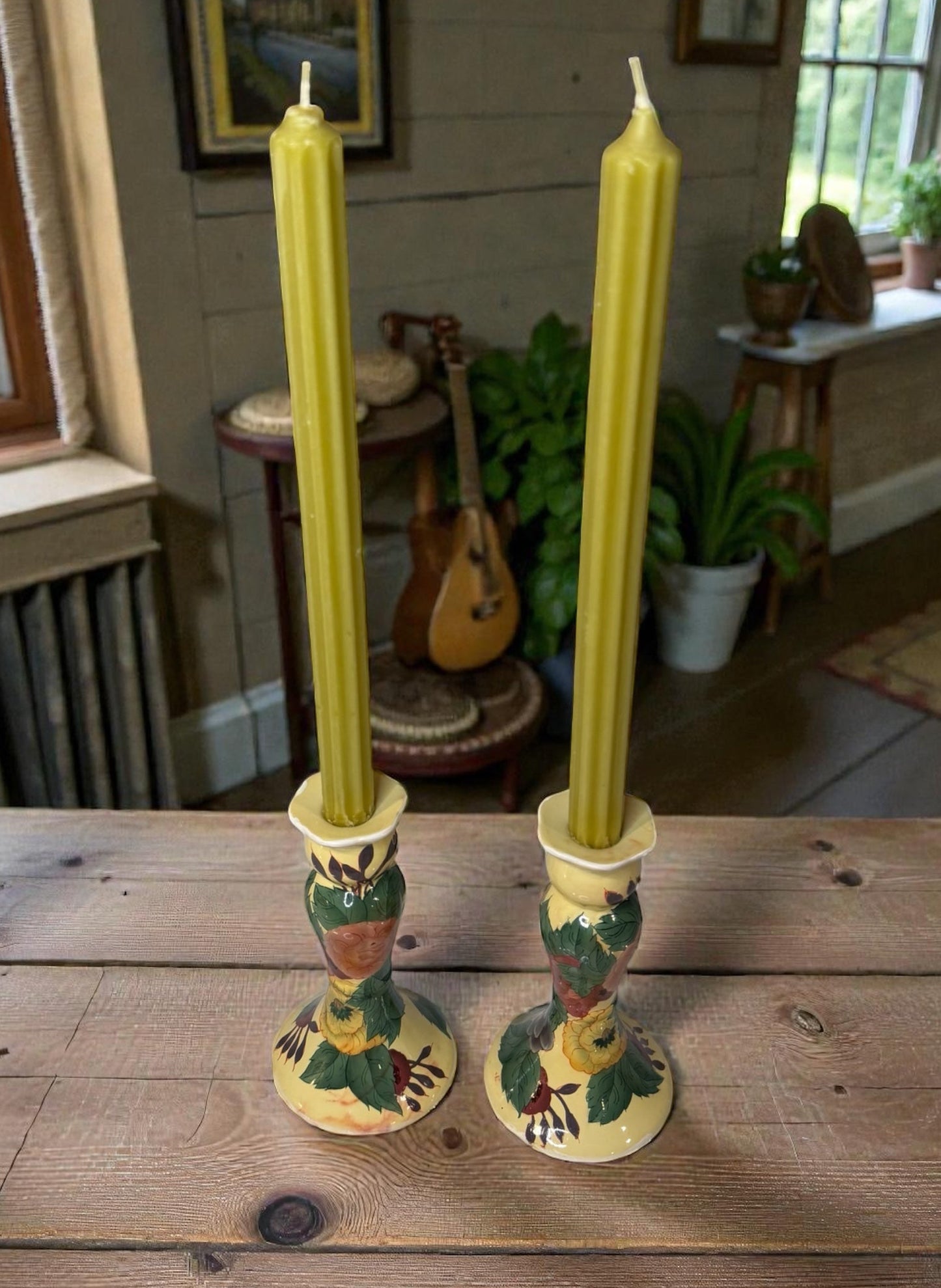 Vintage Hand-Painted Floral Ceramic Candle Holders — Set of 2