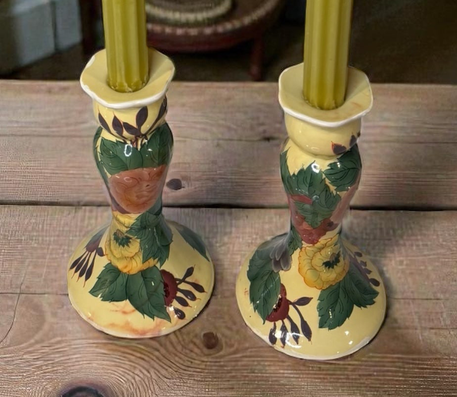Vintage Hand-Painted Floral Ceramic Candle Holders — Set of 2