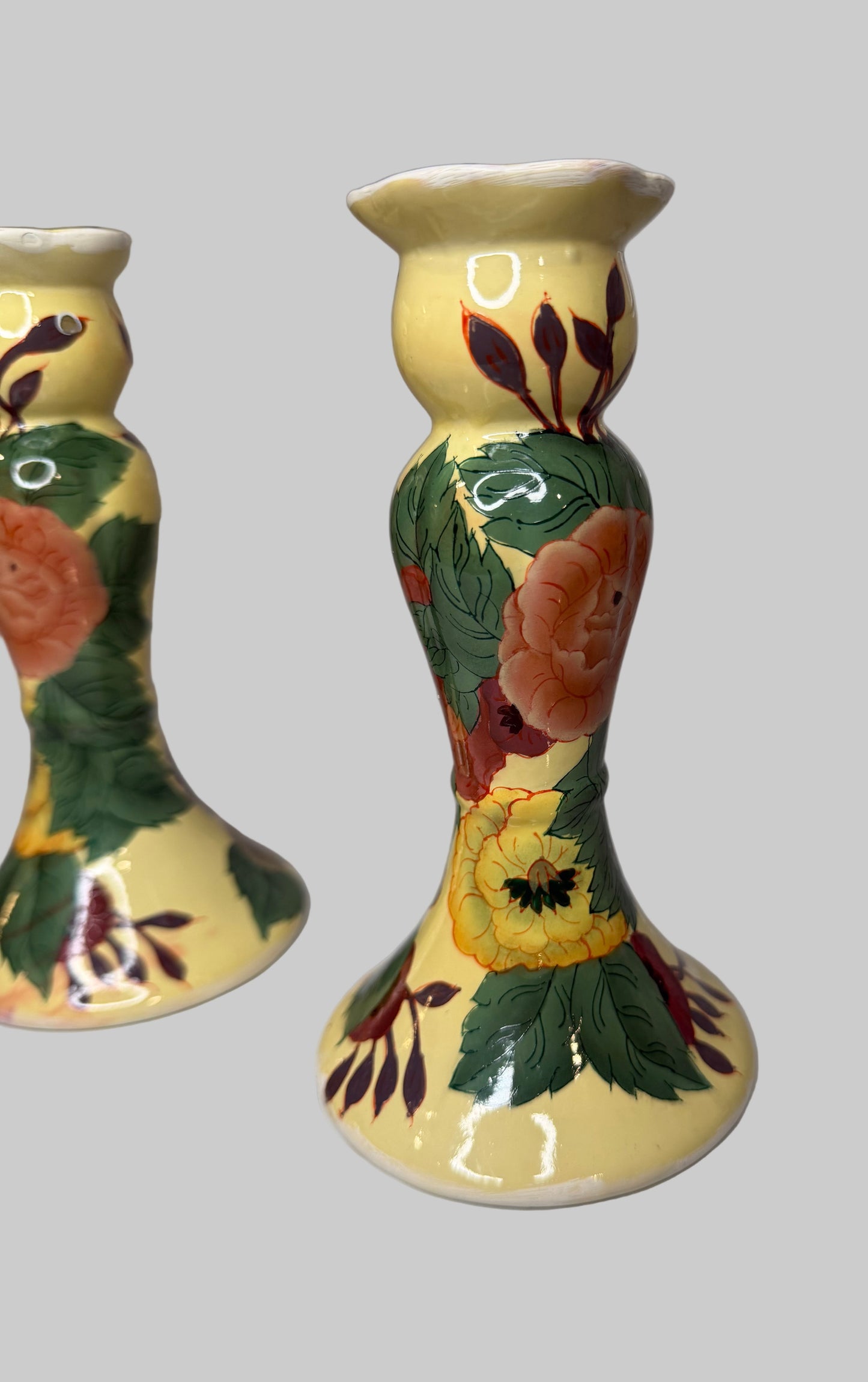 Vintage Hand-Painted Floral Ceramic Candle Holders — Set of 2