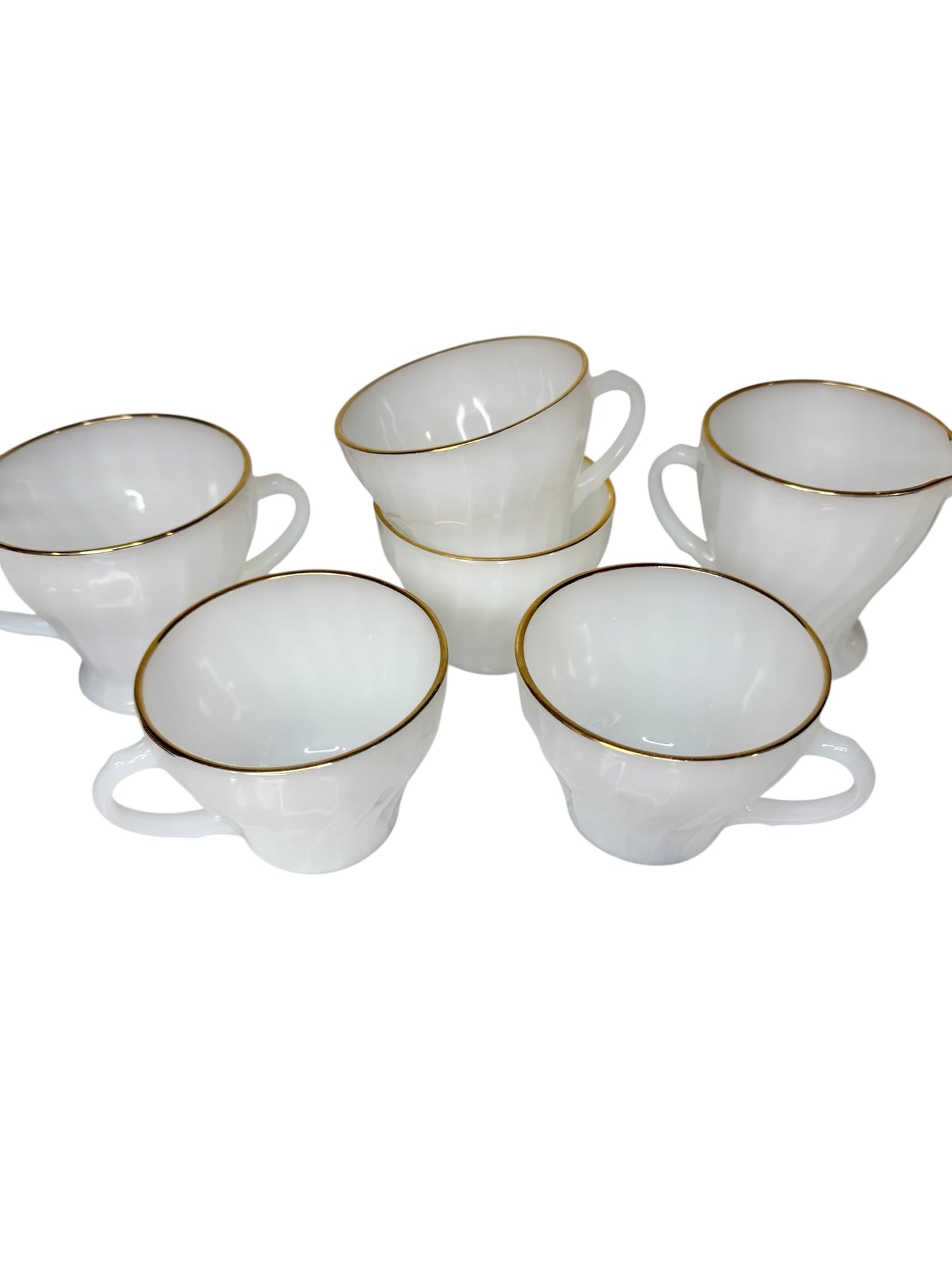 Vintage Fire-King Golden Shell Milk Glass Creamer, Sugar Bowl & Mugs Set – Anchor Hocking Swirl Pattern with Gold Trim