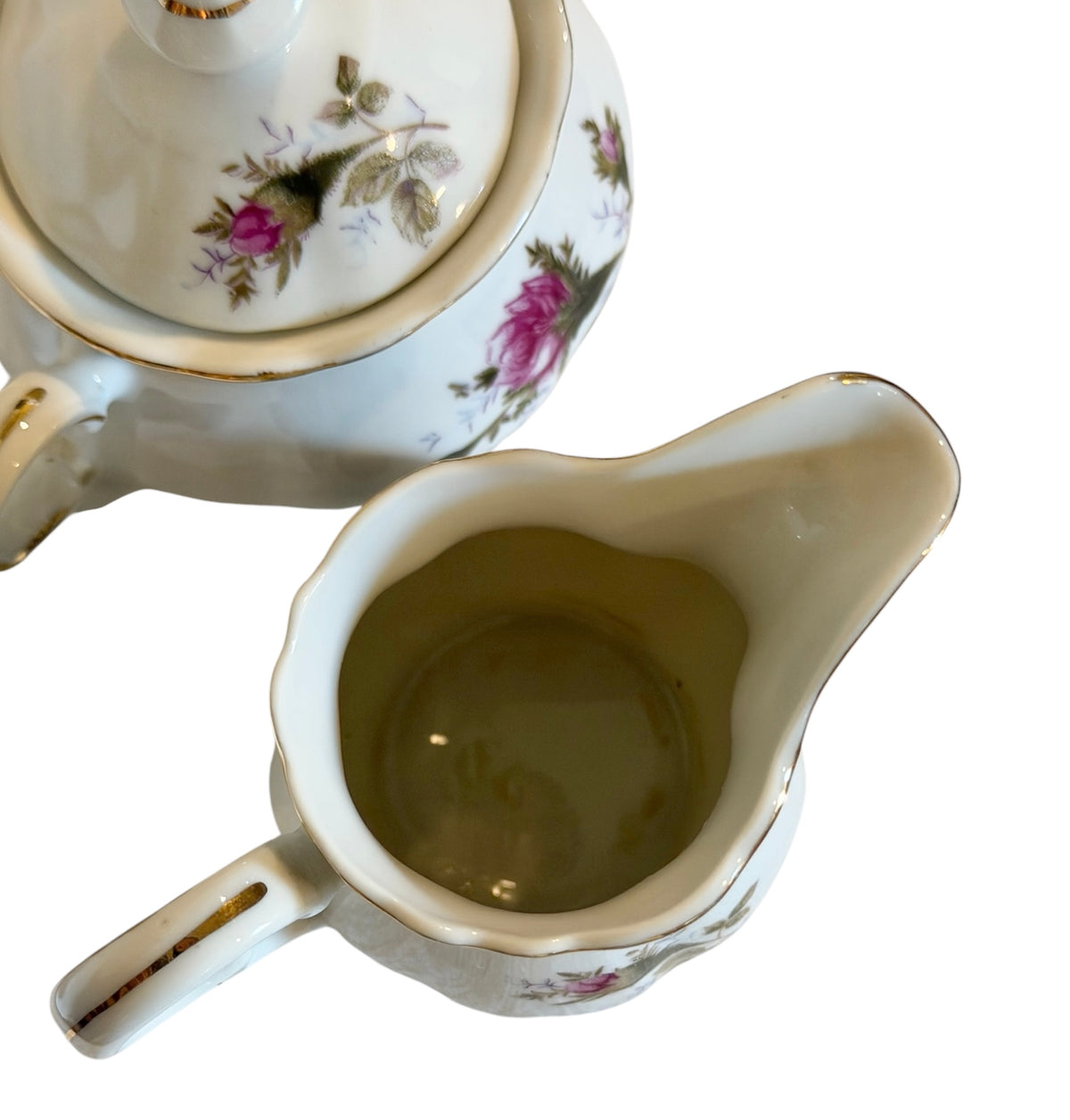 Moss Rose Vintage Porcelain Creamer & Lidded Sugar Bowl Set | Pink Roses Gold Trim