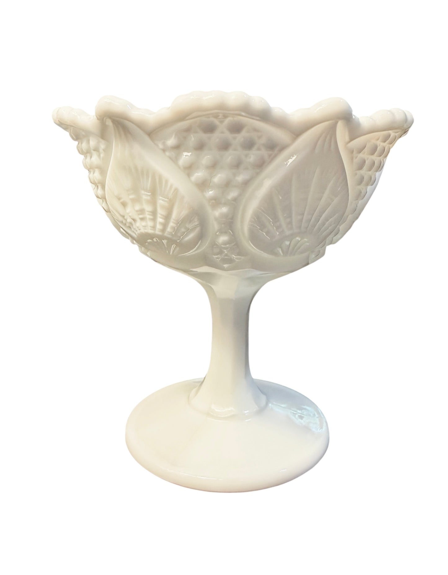 Fenton Hobnail & Leaf Vintage Milk Glass Footed Compote | Mid Century Pedestal Candy Dish