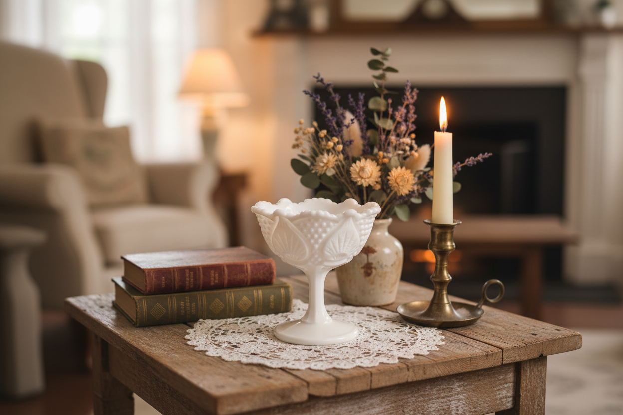 Fenton Hobnail & Leaf Vintage Milk Glass Footed Compote | Mid Century Pedestal Candy Dish