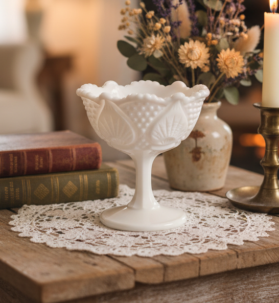 Fenton Hobnail & Leaf Vintage Milk Glass Footed Compote | Mid Century Pedestal Candy Dish