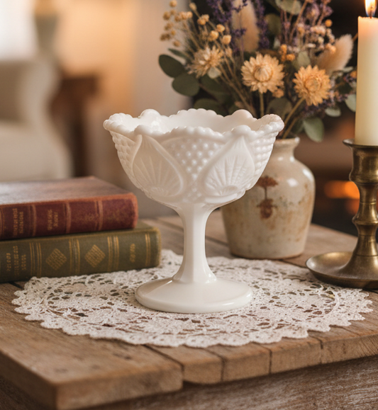 Fenton Hobnail & Leaf Vintage Milk Glass Footed Compote | Mid Century Pedestal Candy Dish