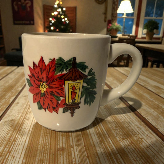 Vintage Homer Laughlin “Poinsettia & Lantern” Holiday Mug – Rare Seasonal Collectible, USA Made