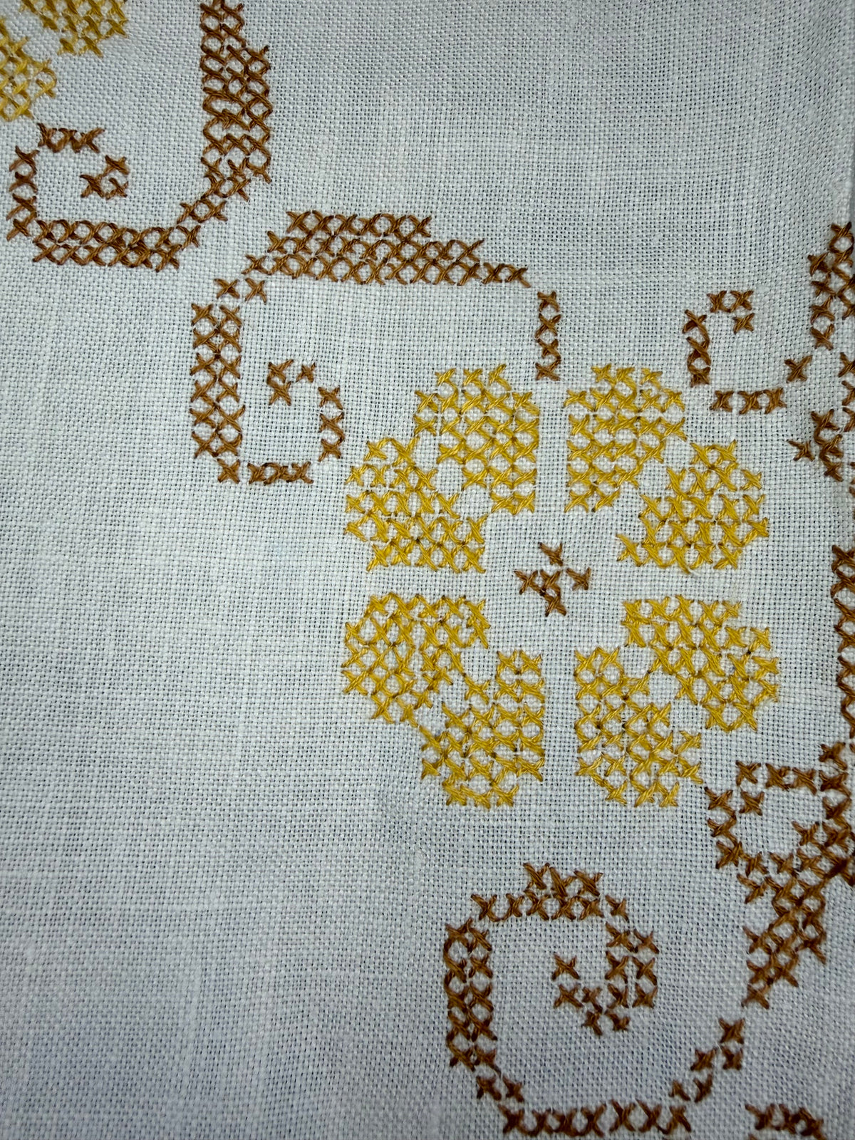 Square Linen Table Topper – Yellow & Brown Cross-Stitch Floral Design – 40”