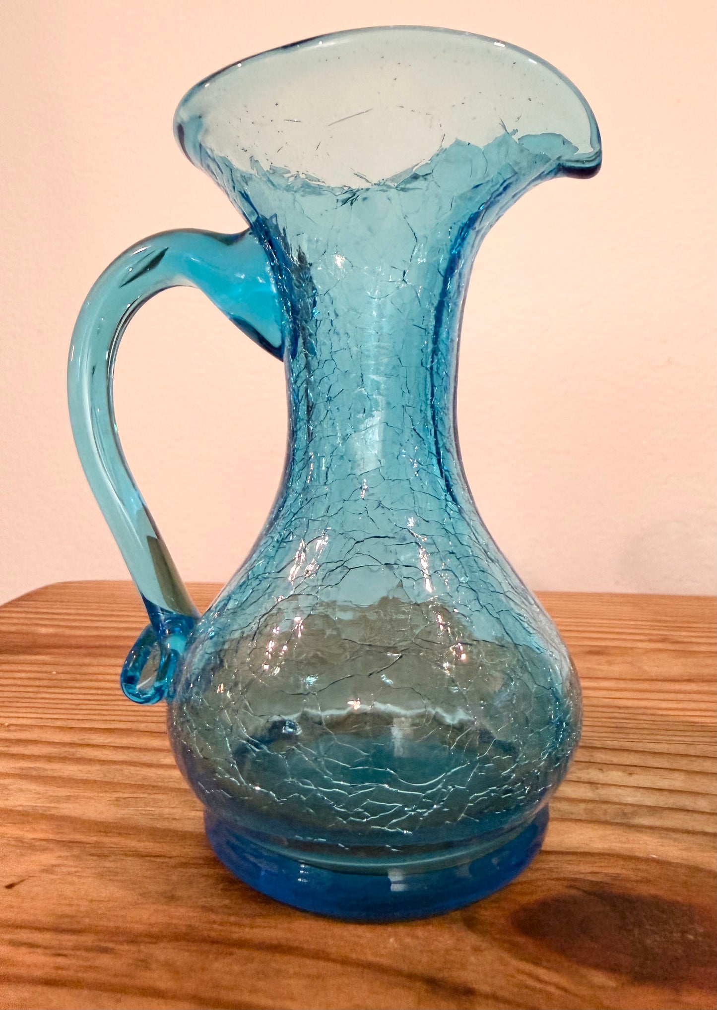 Vintage Kanawha Glass Company Blue Crackle Glass Mini Pitcher Set – Hand Blown (Set of 2)