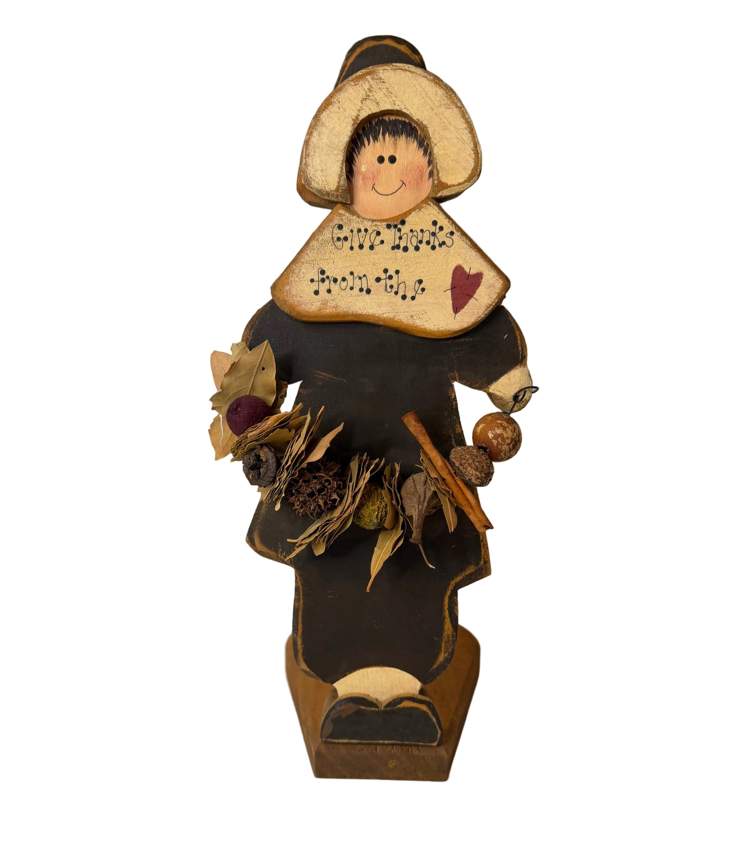 Primitive Wooden Paper Towel Holder with Hand-Painted Pilgrim