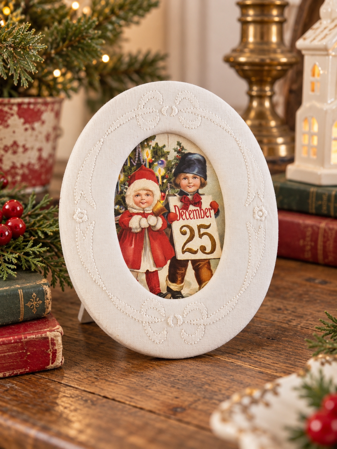 Victorian Christmas Children Oval Fabric Frame | Flea & Frame Creation - 7.5”