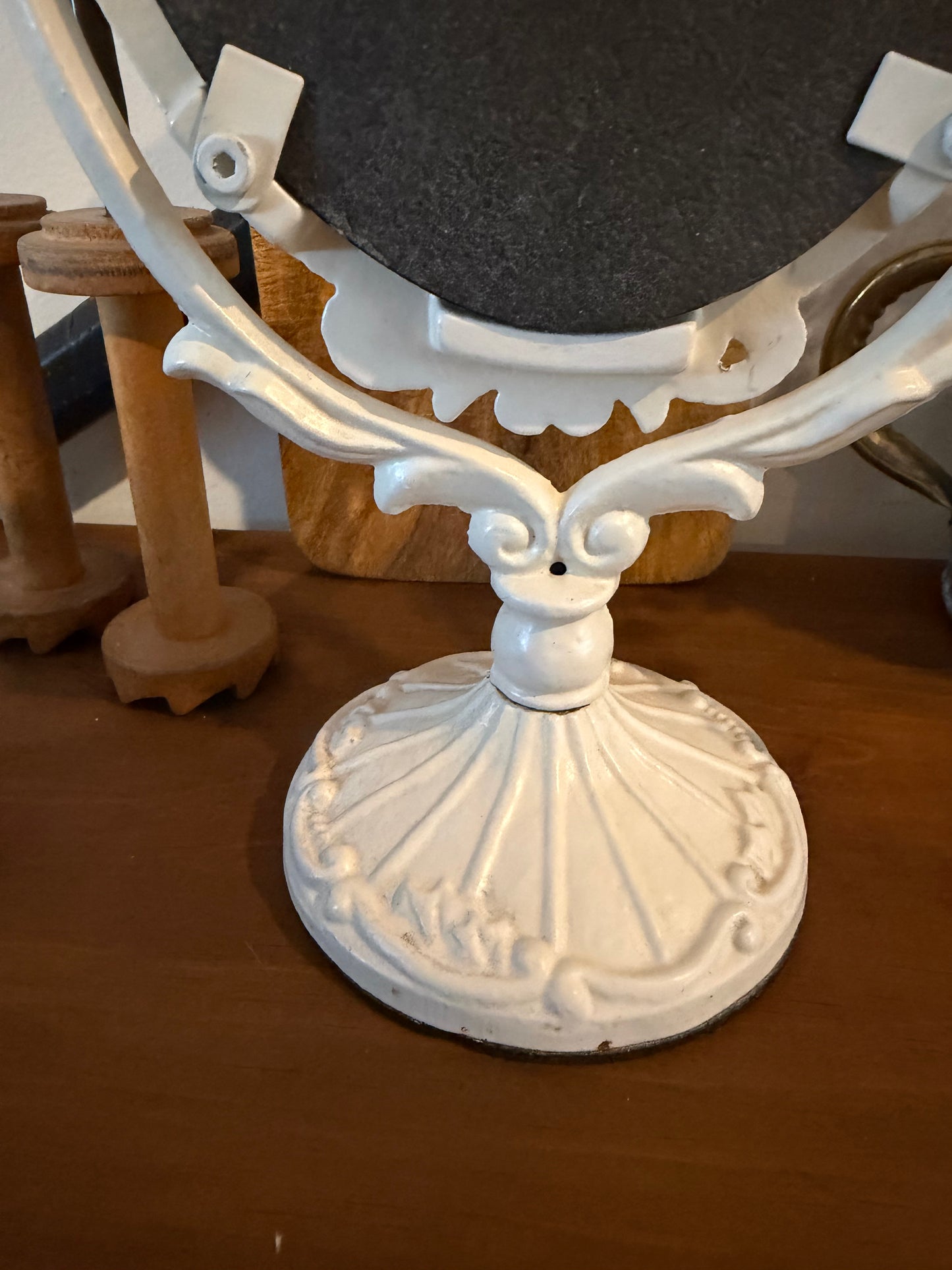 Vintage Victorian-Style Vanity Mirror – White Painted Cast Iron, Shabby Chic Pedestal