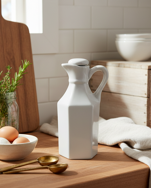 Vintage Xcell White Ceramic Cruet with Stopper – Hexagonal Oil/Vinegar Bottle