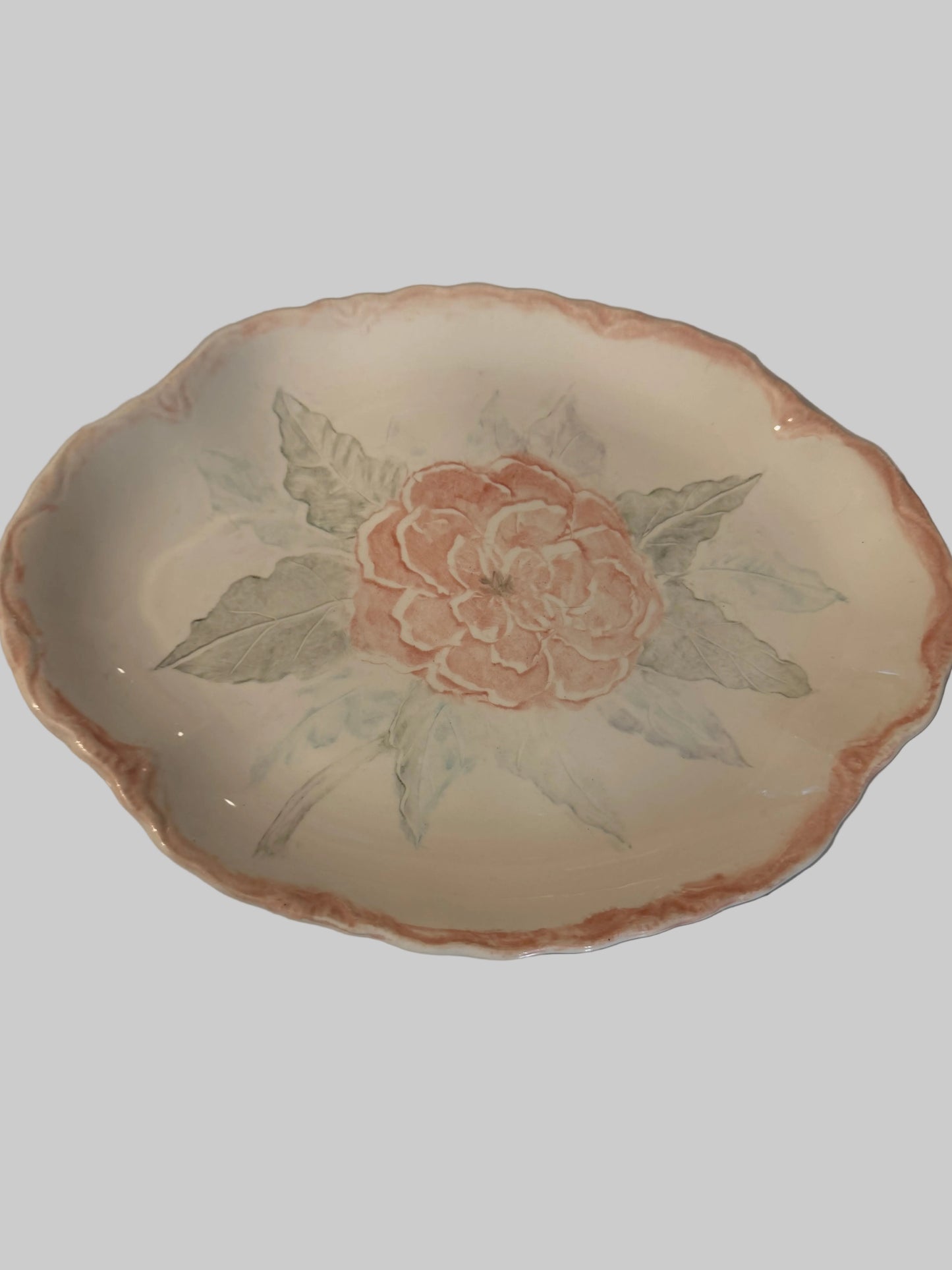 Vintage Pink and Green Floral Pottery Platter | USA Stamped | 12″ x 9″ | Possibly SCIO Pottery