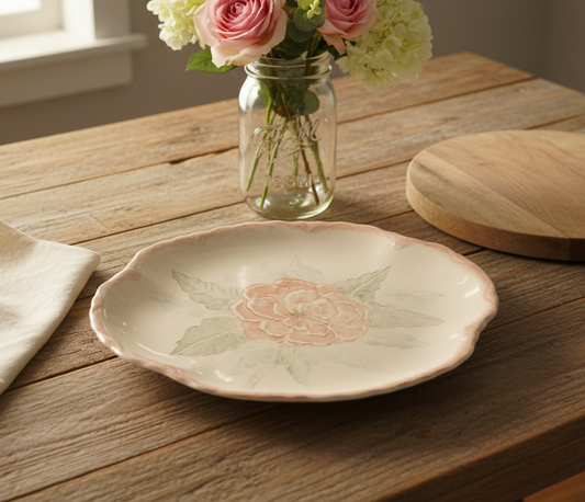 Vintage Pink and Green Floral Pottery Platter | USA Stamped | 12″ x 9″ | Possibly SCIO Pottery