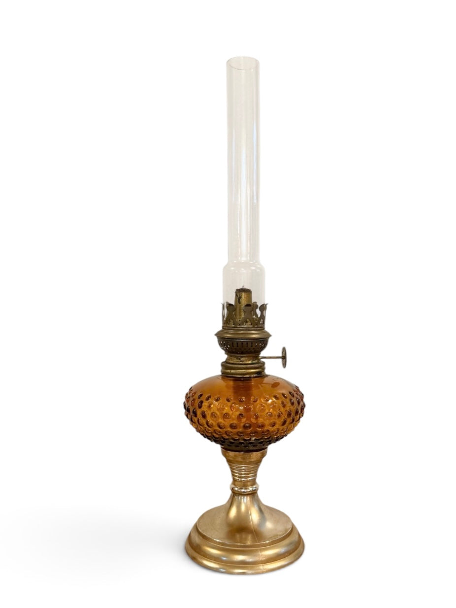 Amber Hobnail Vintage Kerosene/Oil Lamp with Star Burner & Glass Chimney