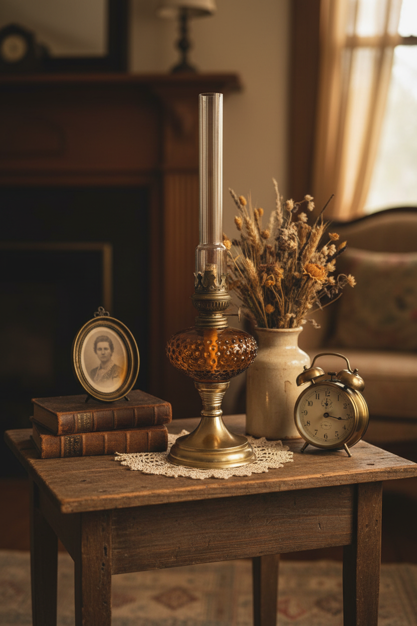 Amber Hobnail Vintage Kerosene/Oil Lamp with Star Burner & Glass Chimney