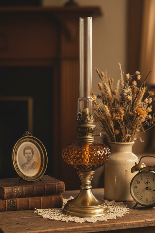 Amber Hobnail Vintage Kerosene/Oil Lamp with Star Burner & Glass Chimney