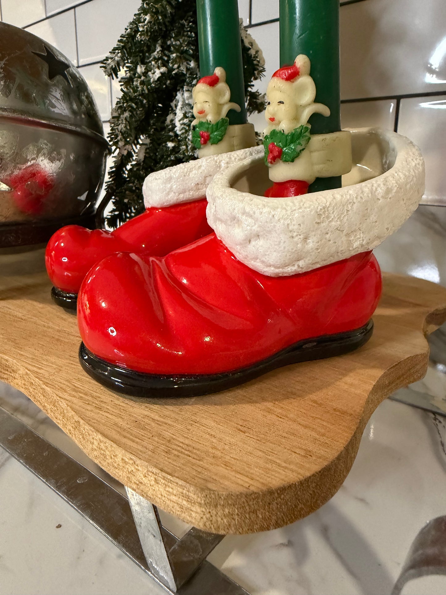 Vintage Santa Boot Candle Holders — Pair — Red with White Trim & Black Soles