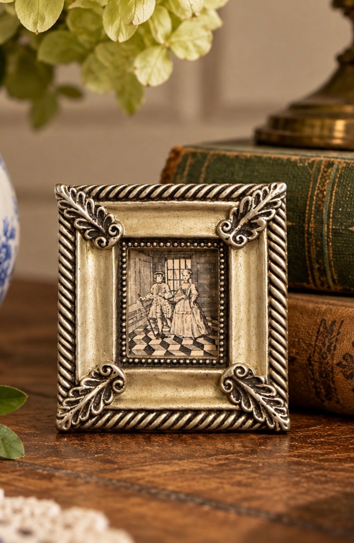 Ornate Silver Square Frame with Historical Couple Book Print | 3” Flea & Frame Creation