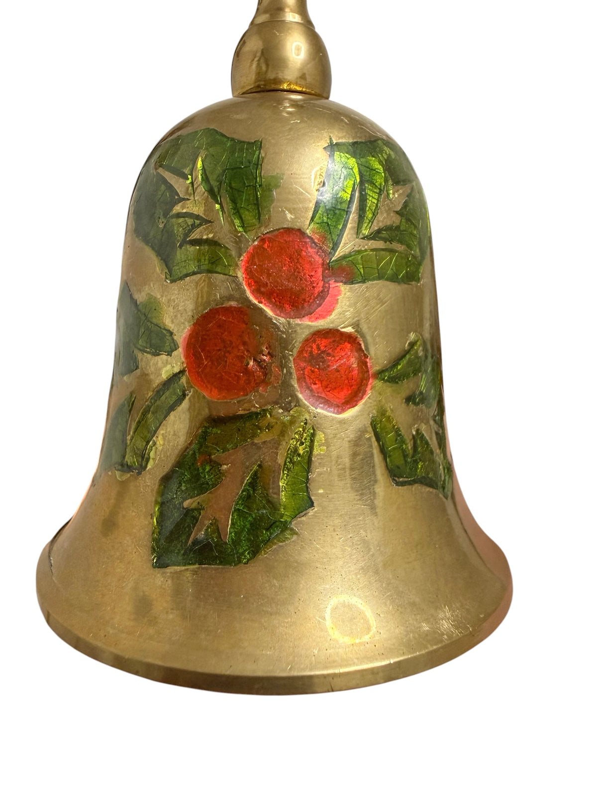 Brass Holly & Berry Hand Bell – Vintage Enameled Christmas Bell