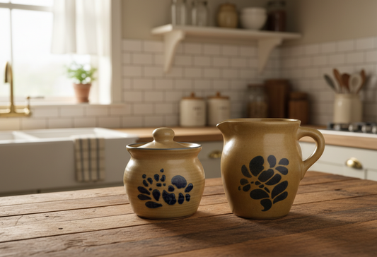 Vintage Pfaltzgraff Folk Art Stoneware Sugar & Creamer Set – Blue Floral, 1980s