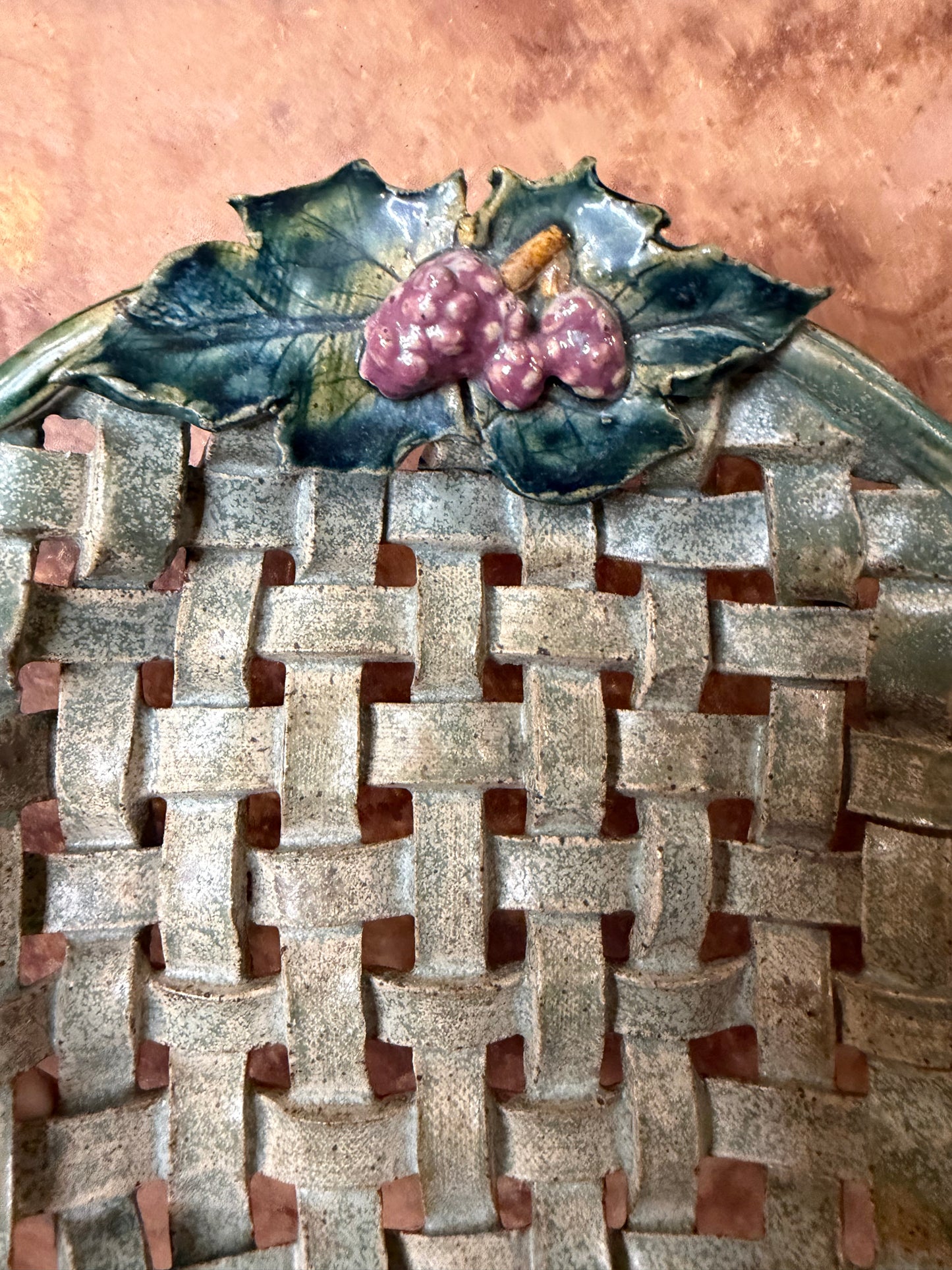 Handmade Rustic Woven Pottery Basket Bowl – Grape & Vine Design