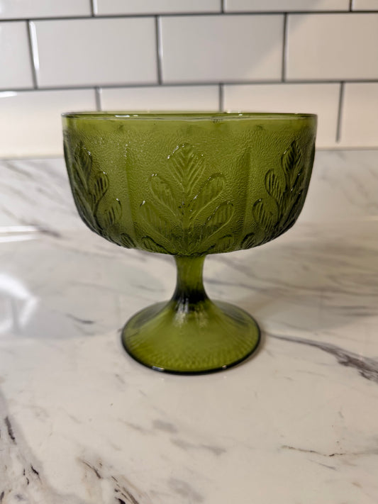 Vintage Green Glass Pedestal Bowl - FTD Hocking Glass