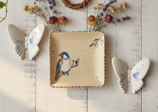 Spring Bird Plate & Vintage HOMCO Butterfly Wall Hanging Set | Cottagecore Gallery Wall Decor Bundle