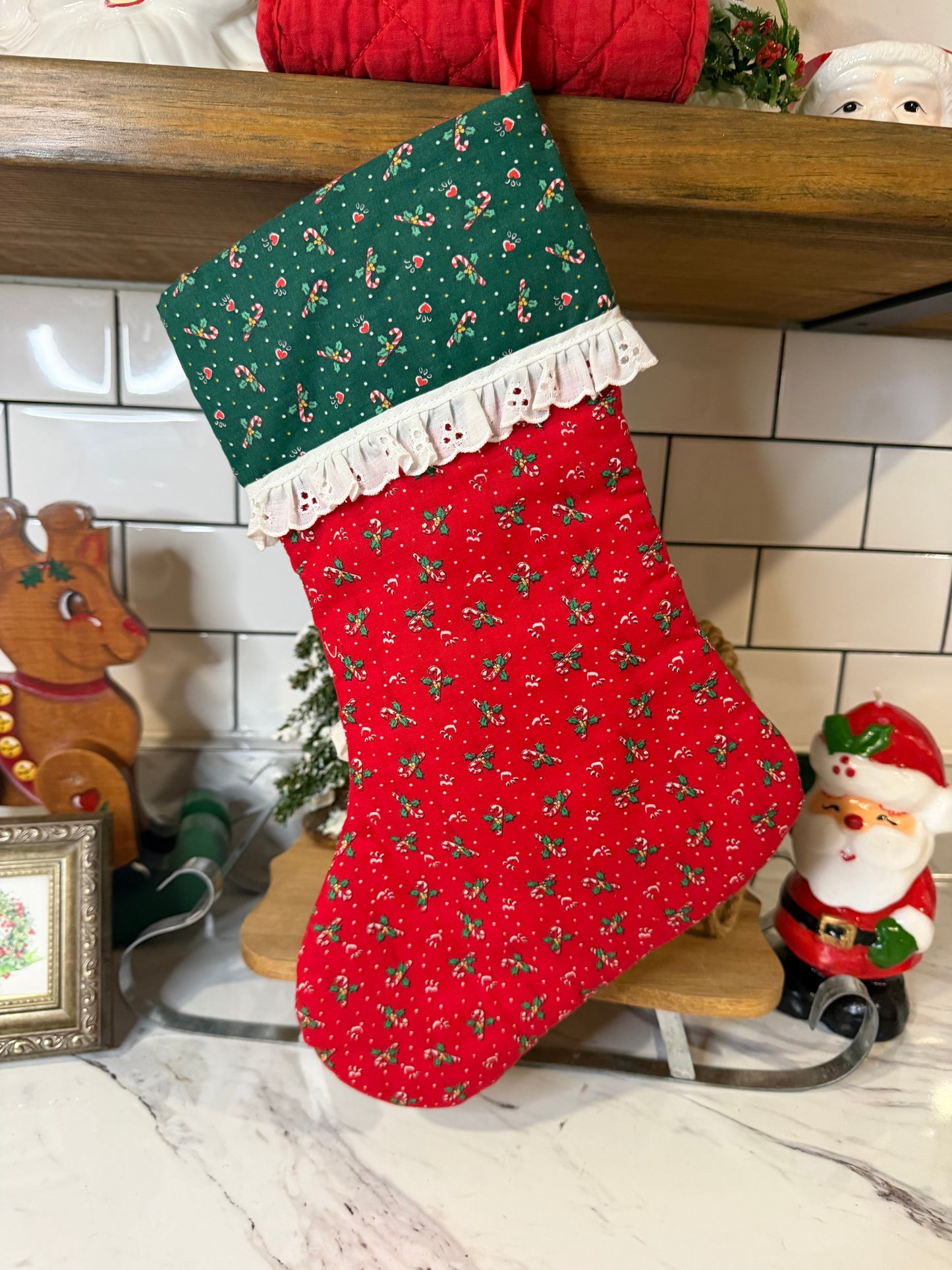 Handmade Santa Stocking – Red & Green Holly Berry Fabric with Curly Beard & Lace Trim